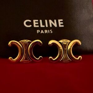 Celine Gold Triomphe Logo Clip-On Earrings